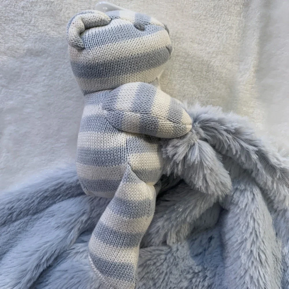 NUBY Blue Grey Knit Stripe‎ Bear Baby Blanket Furry Holding Security Lovey NWOT